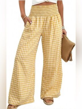 Smocked High-Waist Wide-Leg Pants - Yellow Gingham